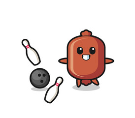 Character cartoon of sausage is playing bowling