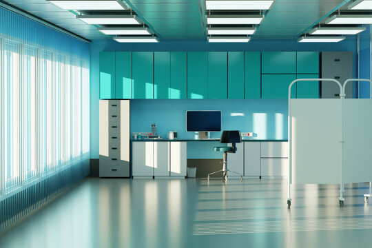 Therapist Doctor Office. Interior Of Modern Clinic. Doctors Office With Large Windows. Place Of Work Of Therapist With Computer. Hospital Room With Doctors Desk Near Wall. Hospital Office. 3d Image.