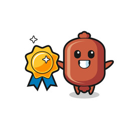 sausage mascot illustration holding a golden badge