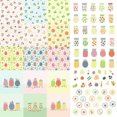 Fruits and berries jam, juice and pickles in glass jars icons set, stickers and seamless patterns, grocery flat vector collection