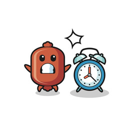 Cartoon Illustration of sausage is surprised with a giant alarm clock
