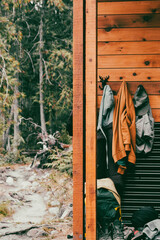 clothes hanging at a outhouse in a Canadian forest