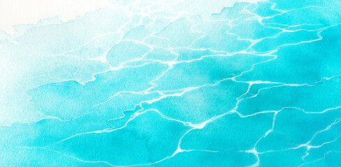 Fototapeta na wymiar 水色の水面の風景イラスト　透明水彩の背景イラスト　ターコイズブルー
