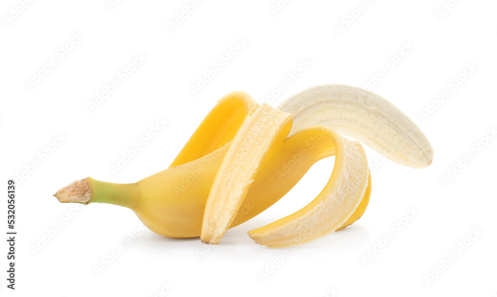 Poster Banana symbolizing male sexual organ on white background. Potency problem