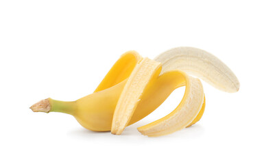 Banana symbolizing male sexual organ on white background. Potency problem - obrazy, fototapety, plakaty