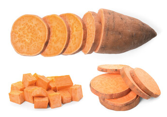 Set with cut ripe sweet potatoes on white background