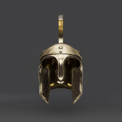 Old brass medieval knight helmet. From front view ancient warrior armor crash helmet, 3d rendering