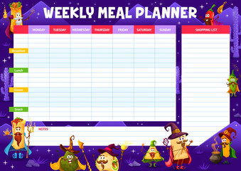 Weekly meal planner schedule, Tex Mex Mexican food wizards characters, vector food plan. Eating organizer and weekly diet meal plan or week shopping list with cartoon burrito sorcerer and taco mage