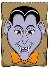 cartoon face of dracula on brown paper sack
