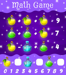 Math game worksheet. Magic potion bottles. Kids education riddle, children math quiz or addition puzzle vector worksheet with magic potions bottles, alchemist elixir and sorcery spells flasks