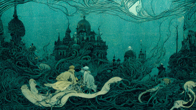 Abstract Underwater Scene Of City Atlantis. Art Nouveau And Mucha Style Painting.