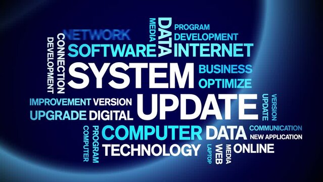 System Update animated tag word cloud;text design animation kinetic typography seamless loop.