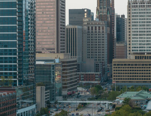 Fototapeta na wymiar Close up aerial view of skyscrapers in Baltimore harbor