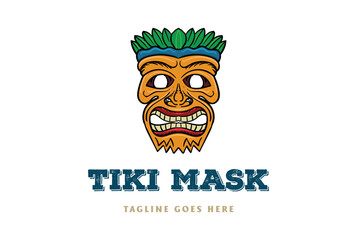 Vintage Hawaiian Wooden Tiki Bar Mask Face Logo Design Vector - obrazy, fototapety, plakaty