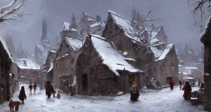 painting of a peaceful medieval village during winter