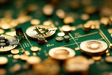 Bitcoin cryptocurrency digital art featuring Bitcoin and gold circuitry. 