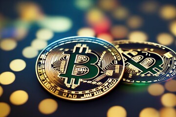 Fototapeta na wymiar Bitcoin cryptocurrency digital art featuring Bitcoin and gold circuitry. 