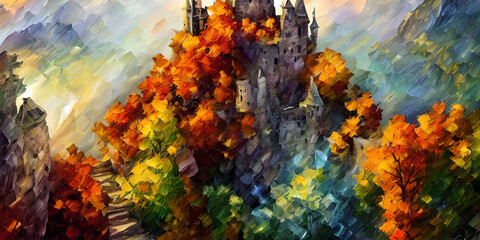A colorful painting of a fairy castle on a hill
