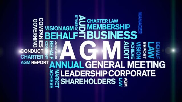 AGM - Annual General Meeting acronym animated tag word cloud;text design animation kinetic typography seamless loop.