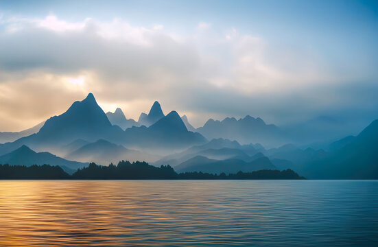 Beautiful mountain landscape with a lake. Panorama of silhouettes of mountains in the fog. Pictorial illustration for backgrounds, wallpapers, photo wallpapers, murals, posters.