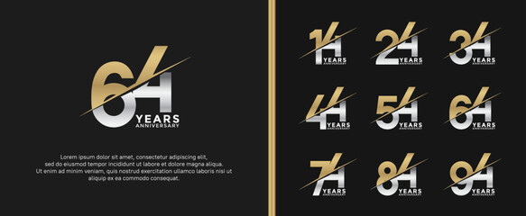 set of anniversary logotype gold and silver color on black background for celebration moment