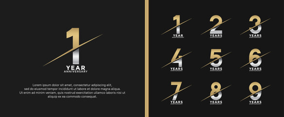 set of anniversary logotype gold and silver color on black background for celebration moment - obrazy, fototapety, plakaty