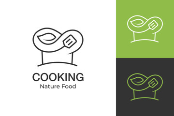 nature chef Cooking logo design line style vector symbol icon design with cap, leaf and spatula design elements for healthy food, vegetables, vegetarian