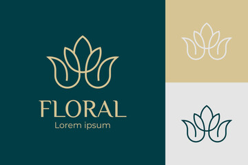 Abstract line flower lotus logo vector symbol icon design. elegant simple flower or leaf floral elements for yoga, organic, bio, boutique, cosmetics, spa, natural store