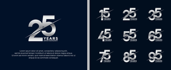set of anniversary logotype silver color on dark blue background for celebration moment