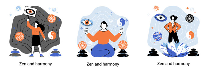 Zen and harmony metaphor, meditation practice. Balance, relaxation, mindfulness. Calm person relaxing. Yoga and spiritual practice, relax, recreation, healthy lifestyle. Japanese cult of mind and body