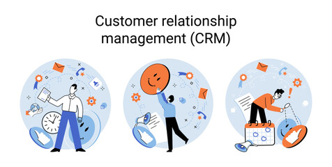CRM metaphor. Customer Relationship Management. Application software for organizations automatisation of customer interaction strategies to increase sales, optimize marketing, improve customer service
