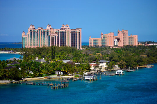 Tropical island with luxury resort in the background in Nassau, Bahamas