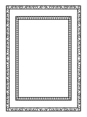 Decorative linear frame. Beautiful thin border with two rectangles and ornate wavy or curved patterns. Design element for greeting cards or posters. Cartoon flat vector illustration in doodle style