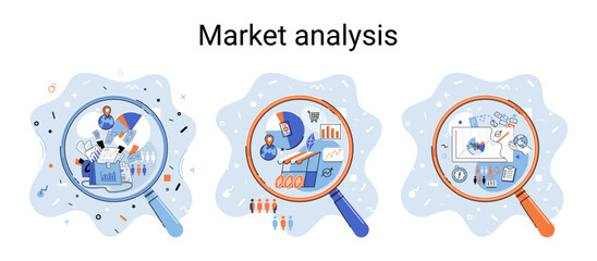 Market statistics data analysis metaphor marketing strategy development. Business research. Identify business needs determine solutions problems solving. View financial data through magnifying glass