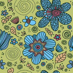 Naklejka premium Colored Big Doodle Flowers & Leaves Blue & Green