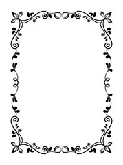 Decorative linear frame. Vintage border with black ornate patterns, leaves and romantic curved strokes. Design element for wedding invitations. Cartoon flat vector illustration in doodle style