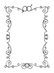 Decorative linear frame. Romantic vintage border with organic strokes, gender signs and baroque hearts. Design element for wedding invitations. Cartoon flat vector illustration in doodle style