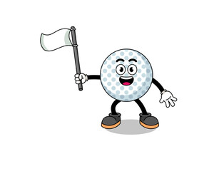 Cartoon Illustration of golf ball holding a white flag