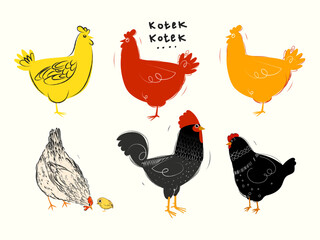 Set of chicken, rooster, hen, poultry farm animal icon character vector illustration.