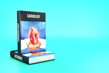 banner emerald green background. Cardiology book, didactic guide to medical topics, cardiology thematic guide, cardiology book presentation, scientific study of the heart, scientific research in cardi - obrazy, fototapety, plakaty