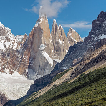 Close view of the Cerro Torre, Egger Torre and aguja Stanhard of the Fitz Roy mountain range