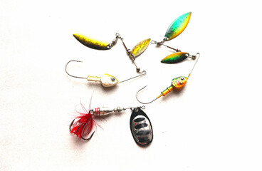 Set of fishing lures with a triple hook, spinner baits for bass