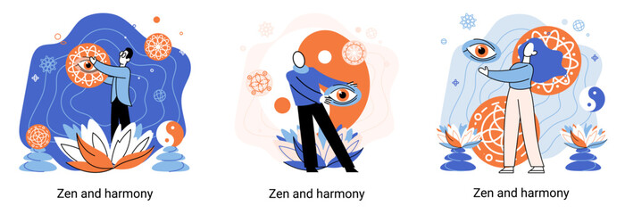 Fototapeta na wymiar Zen and harmony metaphor, meditation practice. Balance, relaxation, mindfulness. Calm person relaxing. Yoga and spiritual practice, relax, recreation, healthy lifestyle. Japanese cult of mind and body