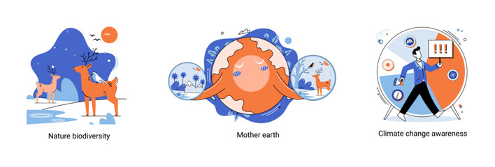 Change climate awareness, saving planet, World Environment Day, global warming ecological problems. Mother Earth day, nature biodiversity metaphor set. Care for surroundings eco concept