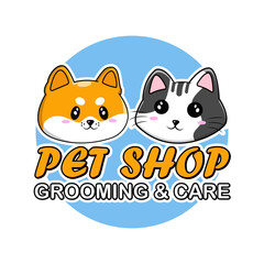 Obraz premium pet shop logo illustration cute cat and dog cartoon character mascot design illustration