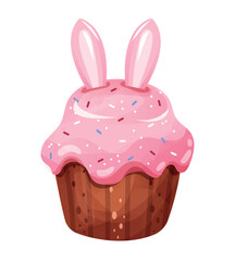 Happy Easter. Delicious cupcake with berry icing decorated with candies in shape of rabbit ears. Design element for postcard for traditional spring holiday. Cartoon realistic vector illustration