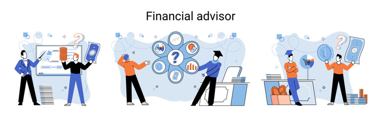 Financial advisor giving advice investment money market analysis management planning for customer. Fiscal consultant professional in finance. Business development successful vested interests metaphor