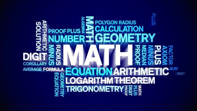 Math animated tag word cloud;text design animation kinetic typography seamless loop.