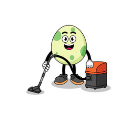 Character mascot of spotted egg holding vacuum cleaner