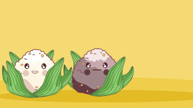 Three rice balls flying down with leaves